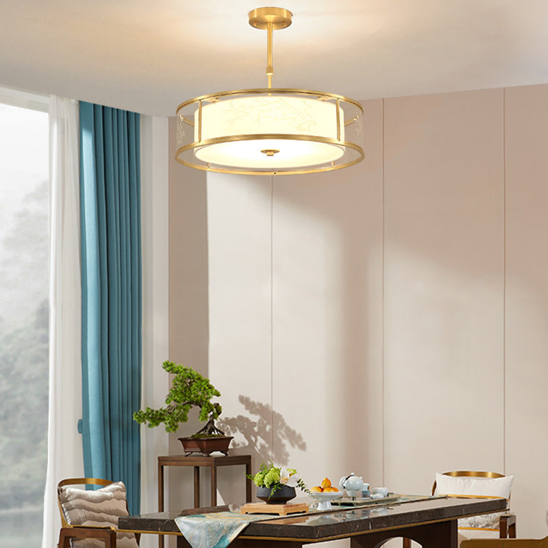 4-Light Modern Shaded Drum Chandelier Glass Ceiling Light with Textile Accent