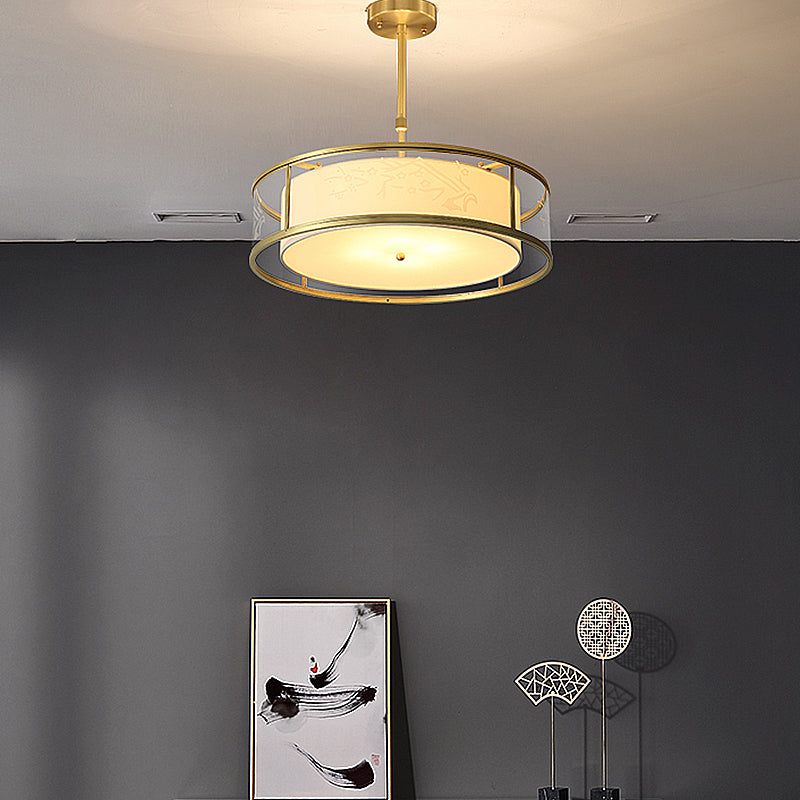 4-Light Modern Shaded Drum Chandelier Glass Ceiling Light with Textile Accent