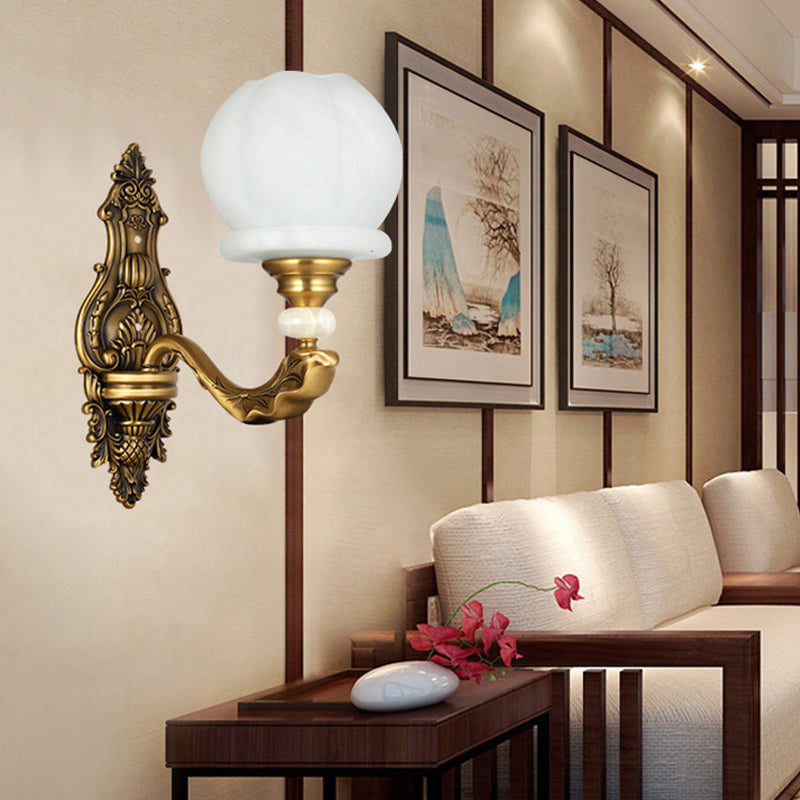 Cream Glass Global Wall Light Sconce Vintage Stylish 1/2-Bulb Living Room Wall Mount Lamp in Brass