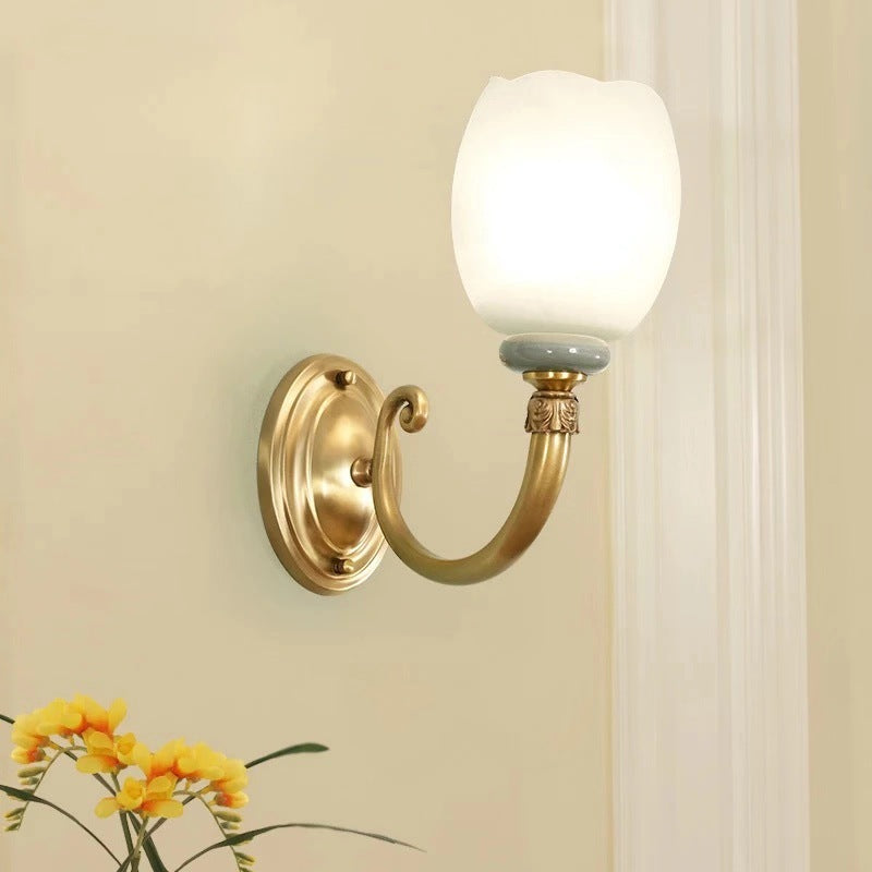 Opaline Glass Petal Wall Lamp Vintage Style 1/2-Light Living Room Sconce Light Fixture in Brass