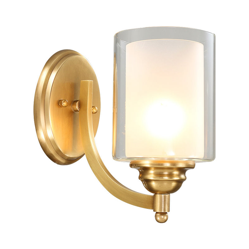 Cylindrical Indoor Wall Sconce Lighting Modern Style Double Glass 1/2-Head Brass Finish Wall Lamp for Bedroom