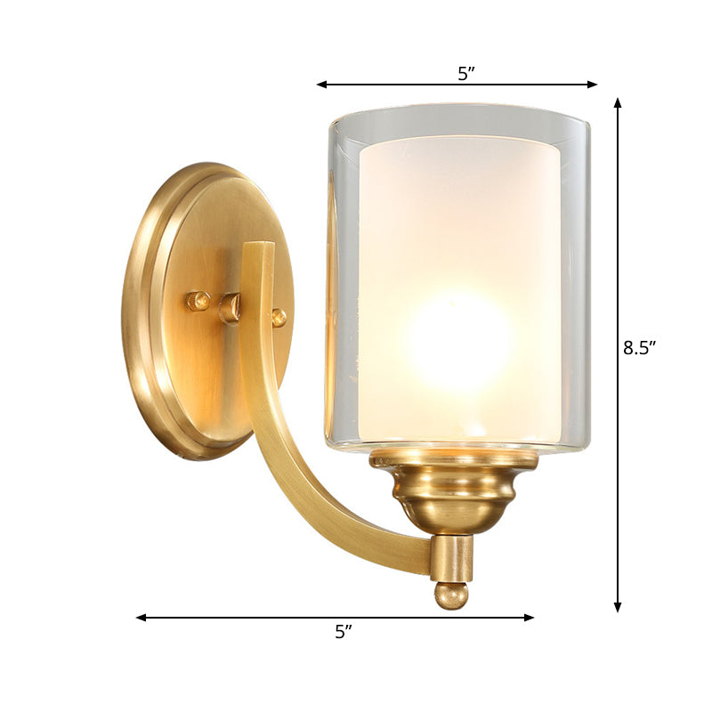 Cylindrical Indoor Wall Sconce Lighting Modern Style Double Glass 1/2-Head Brass Finish Wall Lamp for Bedroom