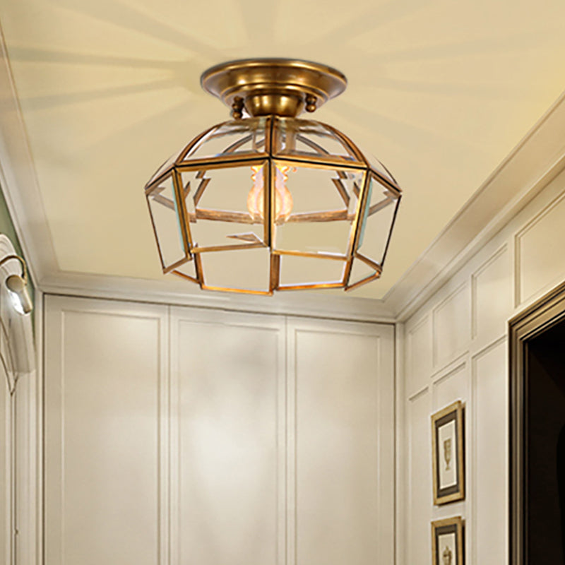 Colonialist Beveled Ceiling Mounted Light 1 Bulb Clear Glass Flush Mount Light Fixture in Brass