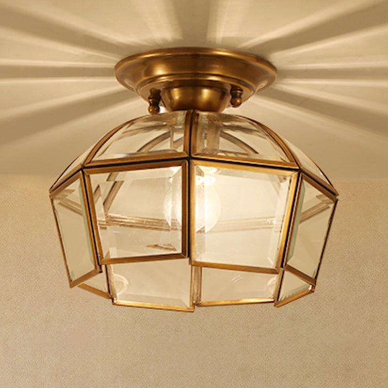 Colonialist Beveled Ceiling Mounted Light 1 Bulb Clear Glass Flush Mount Light Fixture in Brass