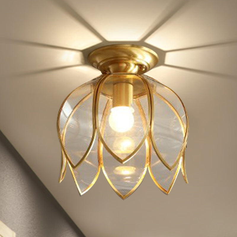 1 Bulb Lotus Ceiling Mount Colonial Brass Clear Glass Flush Light Fixture for Corridor