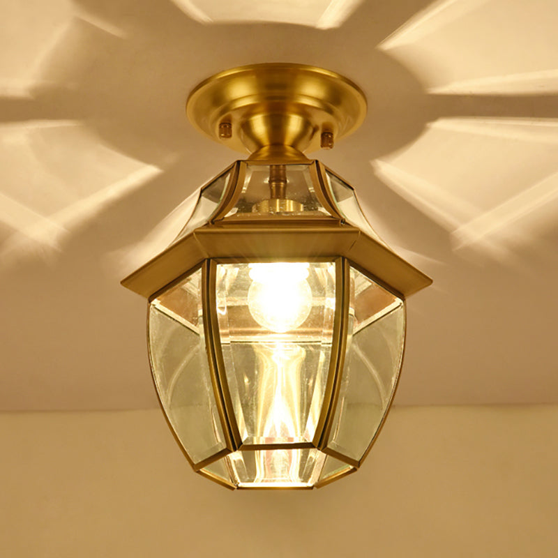 Lantern Bedroom Flush Mount Light Colonial Clear Abgeschrägt Glas 1 Glühbirne Messing Close to Ceiling Lamp