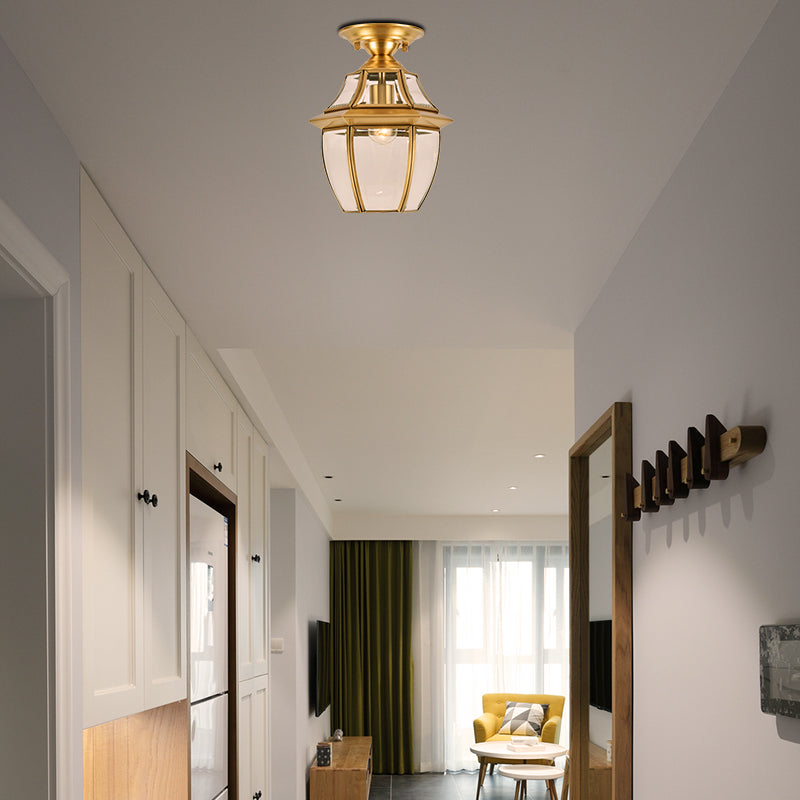 Lantern Bedroom Flush Mount Light Colonial Clear Abgeschrägt Glas 1 Glühbirne Messing Close to Ceiling Lamp