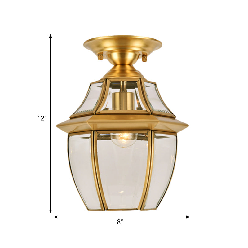 Lantern Bedroom Flush Mount Light Colonial Clear Abgeschrägt Glas 1 Glühbirne Messing Close to Ceiling Lamp