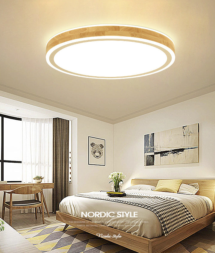 Wood Round Flush Mounted Lighting Fixture Nordic Beige LED Ceiling Flush Mount