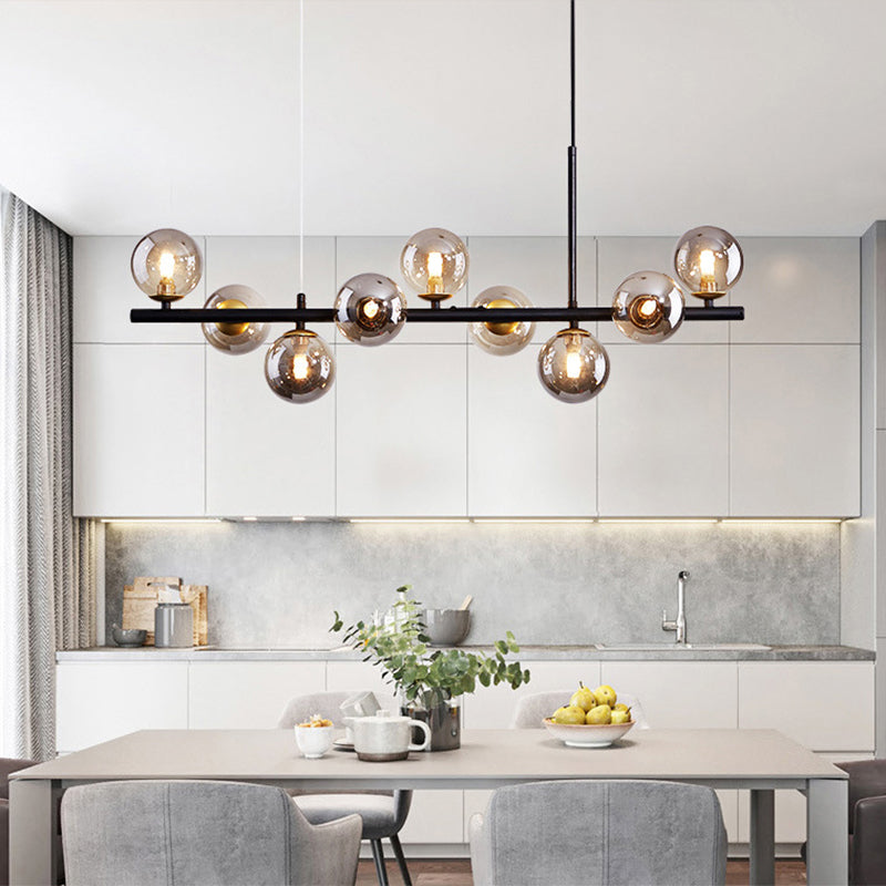 Scandinavian Brass 9-Light Kitchen Island Light Linear Chandelier with Frosted Glass Shades