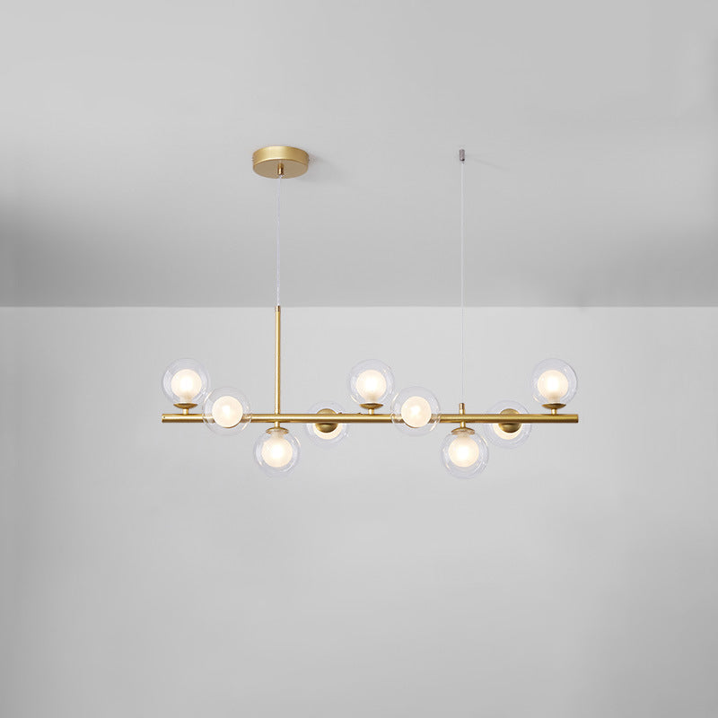 Scandinavian Brass 9-Light Kitchen Island Light Linear Chandelier with Frosted Glass Shades