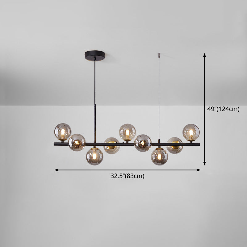 Scandinavian Brass 9-Light Kitchen Island Light Linear Chandelier with Frosted Glass Shades