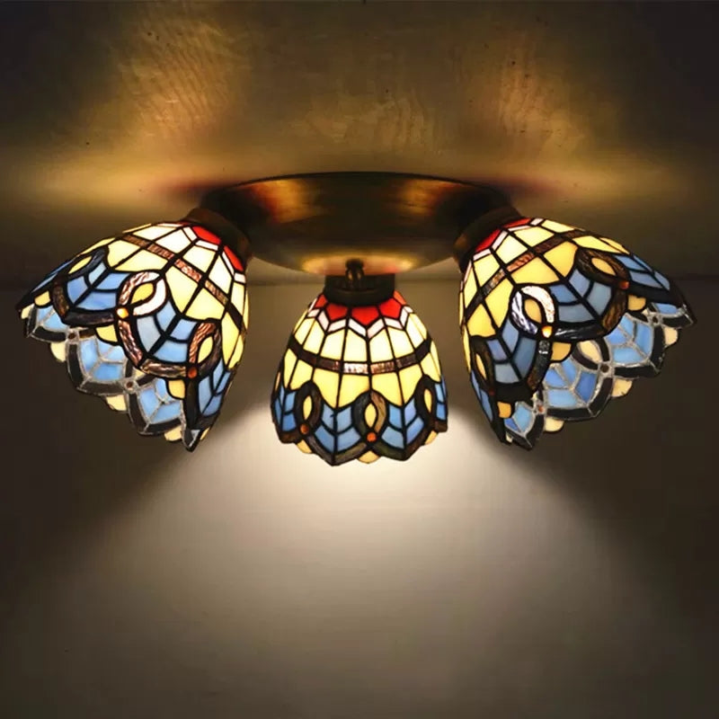3 Heads Ceiling Flush Light Fixture Tiffany Small Stained Glass Flush Mount Lighting for Hall