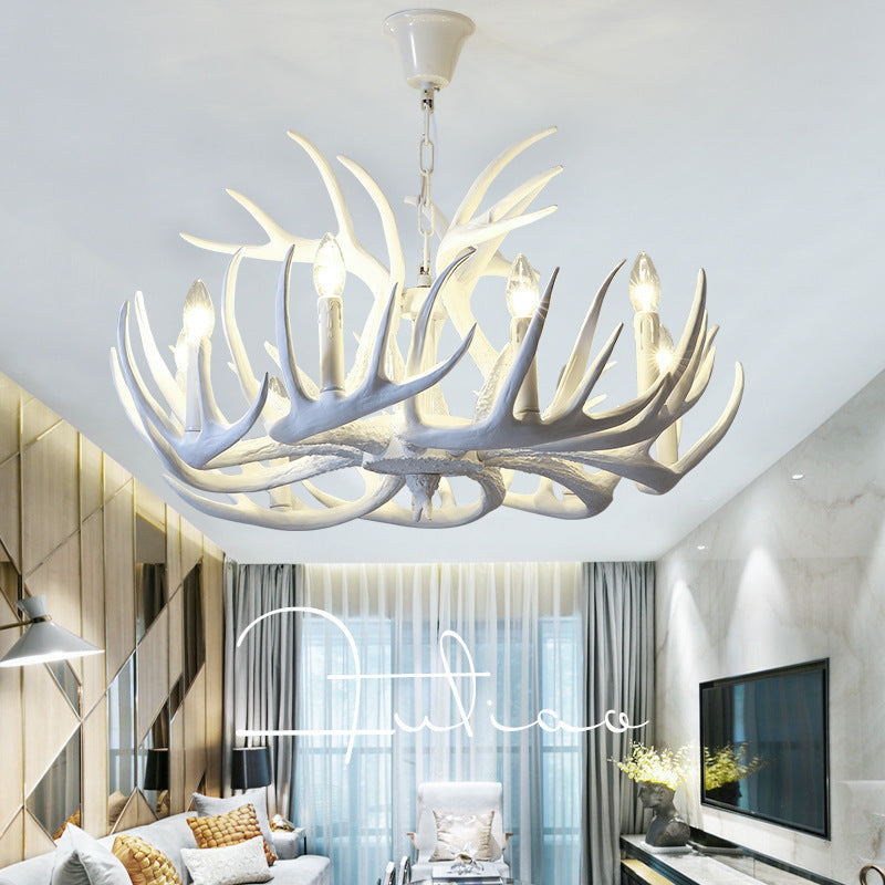 Bulbe Bare Antler Chandelier Country Style Suspension en résine blanche Lumière pour le salon