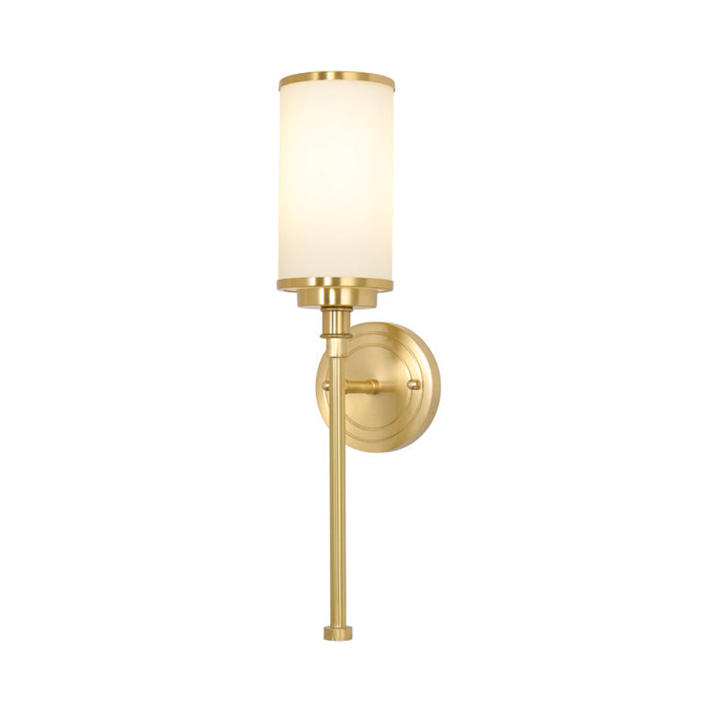 Brass Finish 1/2-Bulb Wall Lamp Modernism Style Frosted Glass Cylinder Wall Mount Light with Pencil Arm