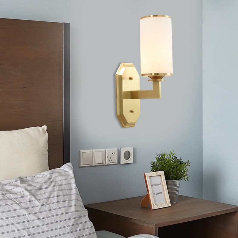 1/2-Head Wall Mounted Lighting Modern Stylish Cylindrical Shade Frosted White Opal Wall Lamp in Brass
