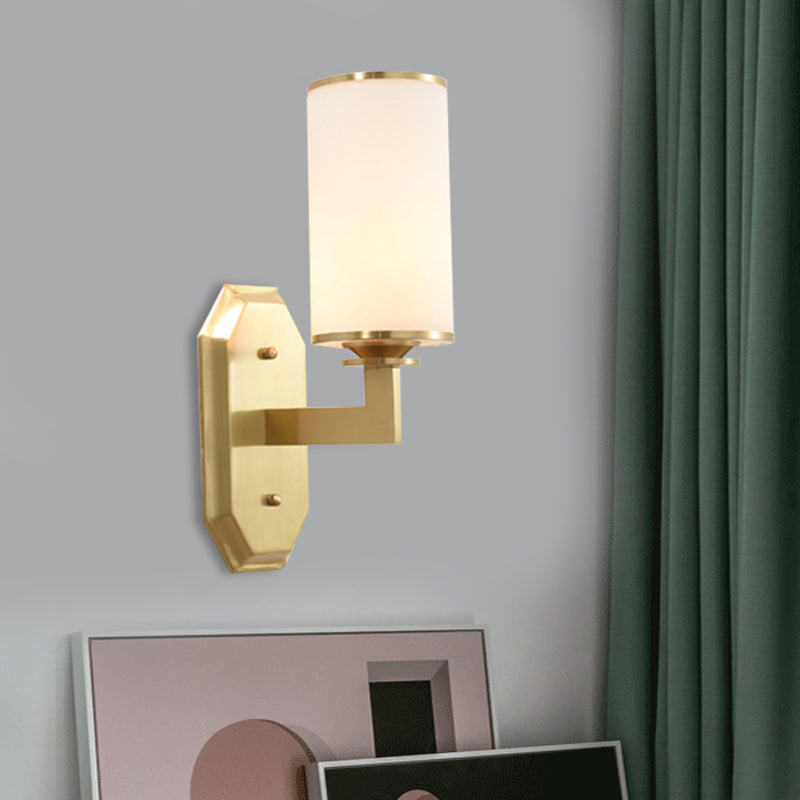 1/2-Head Wall Mounted Lighting Modern Stylish Cylindrical Shade Frosted White Opal Wall Lamp in Brass