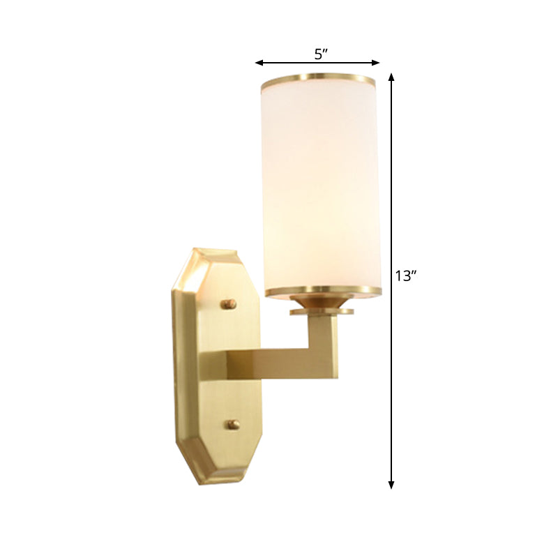 1/2-Head Wall Mounted Lighting Modern Stylish Cylindrical Shade Frosted White Opal Wall Lamp in Brass