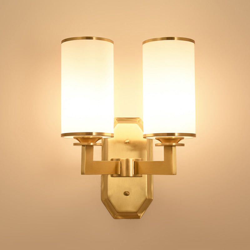 1/2-Head Wall Mounted Lighting Modern Stylish Cylindrical Shade Frosted White Opal Wall Lamp in Brass