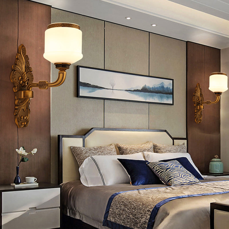 1/2-Light Wall Mount Lighting Vintage Style Drum Shade White Glass Wall Sconce Lamp in Brass