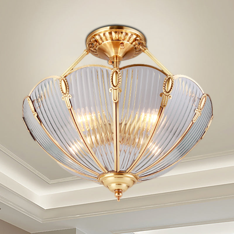 Brass 3 Heads Semi Flush Light Colonialism Ribbed Glass Scalloped Ceiling Fixture for Dining Room