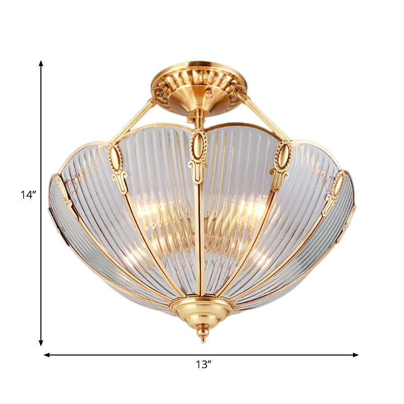 Brass 3 Heads Semi Flush Light Colonialism Ribbed Glass Scalloped Ceiling Fixture for Dining Room