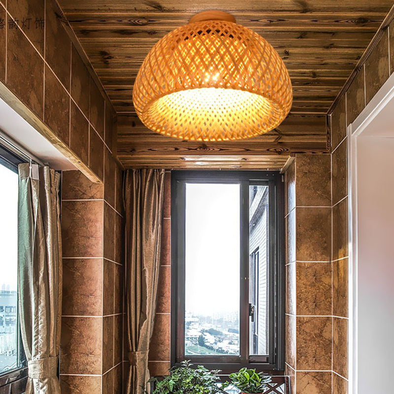 Aisle Flushmount Lighting Contemporary Beige Ceiling Mount Light Fassung mit Dome Bamboo Shade