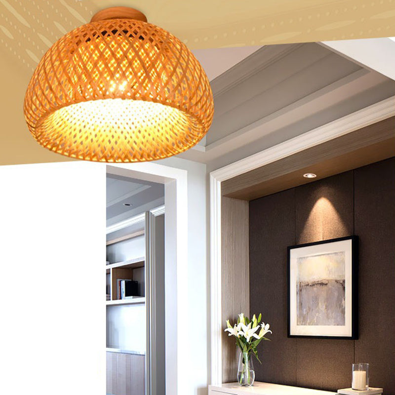 Aisle Flushmount Lighting Contemporary Beige Ceiling Mount Light Fassung mit Dome Bamboo Shade