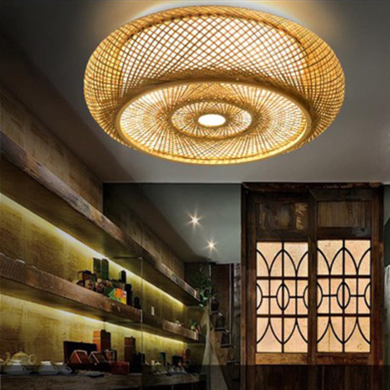 Modern Flush Mount Ceiling Light Beige Drum Close to Ceiling Fixture with Bamboo Shade