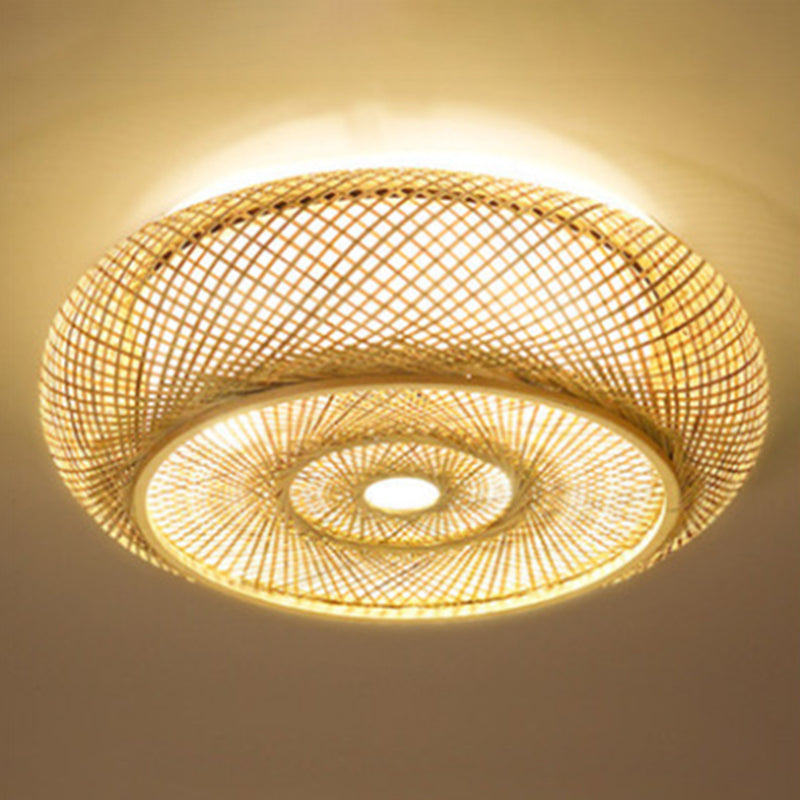 Modern Flush Mount Ceiling Light Beige Drum Close to Ceiling Fixture with Bamboo Shade