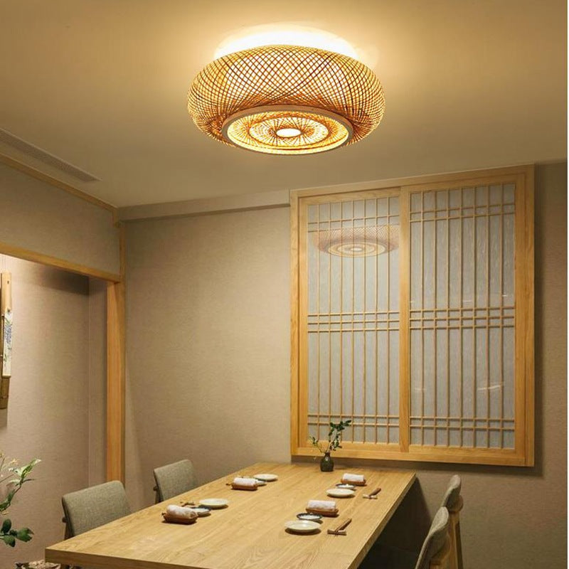 Modern Flush Mount Ceiling Light Beige Drum Close to Ceiling Fixture with Bamboo Shade