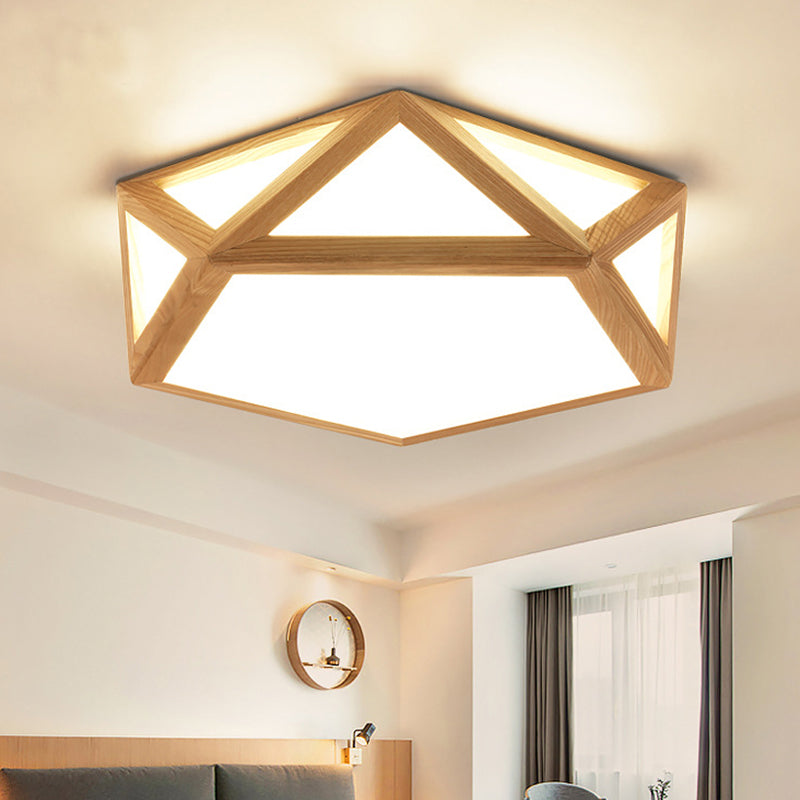 Minimalist Pentagon Flushmount Lighting Wooden LED Bedroom Flush Ceiling Light Fixture in Wood