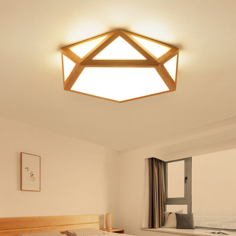 Minimalist Pentagon Flushmount Lighting Wooden LED Bedroom Flush Ceiling Light Fixture in Wood