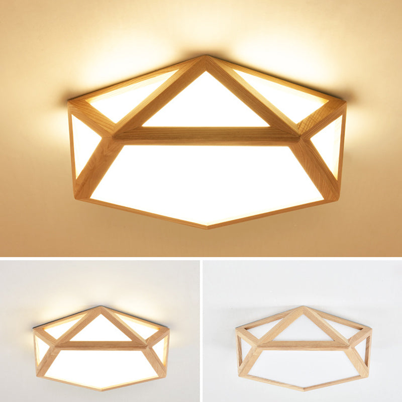 Minimalist Pentagon Flushmount Lighting Wooden LED Bedroom Flush Ceiling Light Fixture in Wood