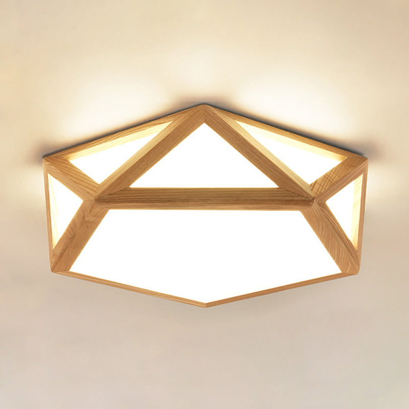 Minimalist Pentagon Flushmount Lighting Wooden LED Bedroom Flush Ceiling Light Fixture in Wood