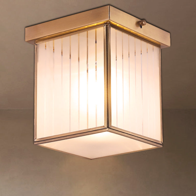 1-Light Opal Glass Flush Light Colonialist Brass Square Bedroom Close to Ceiling Lighting