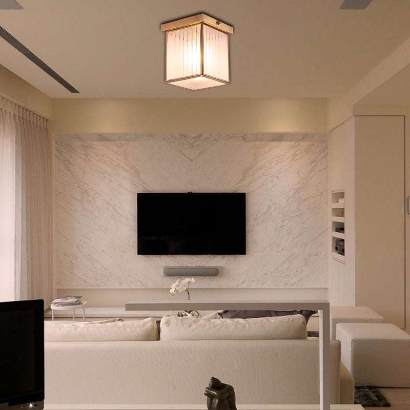 1-Light Opal Glass Flush Light Colonialist Brass Square Bedroom Close to Ceiling Lighting