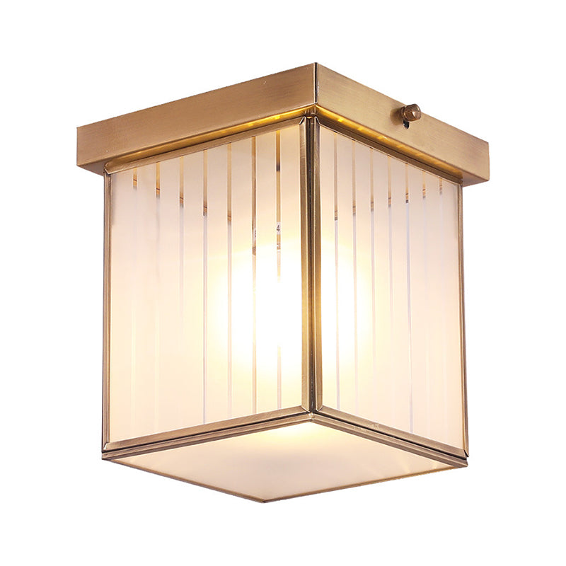 1-Light Opal Glass Flush Light Colonialist Brass Square Bedroom Close to Ceiling Lighting