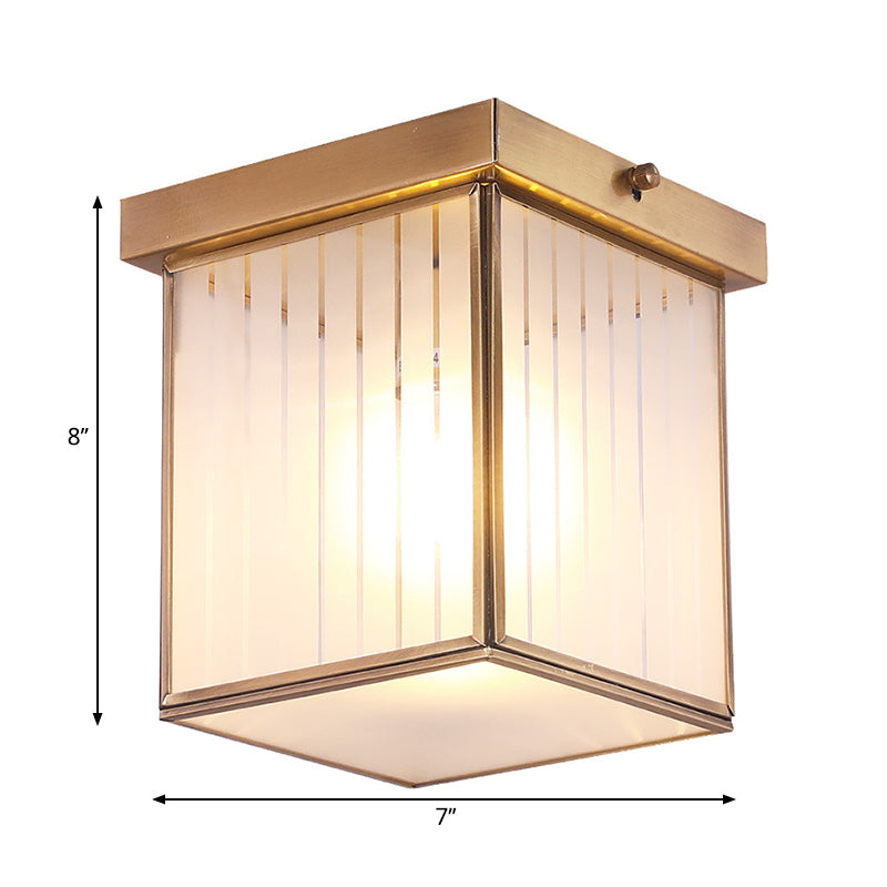 1-Light Opal Glass Flush Light Colonialist Brass Square Bedroom Close to Ceiling Lighting
