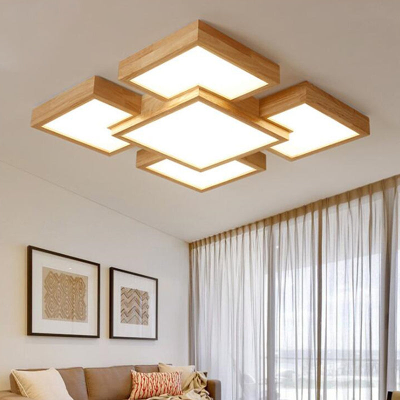Splicing Squares Close to Ceiling Fixture Simple Style Wooden LED Bedroom Ceiling Lamp in Wood
