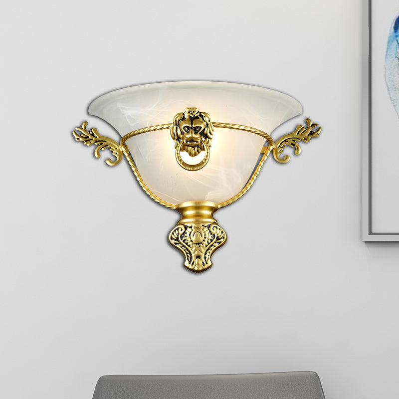 1 Bulb Trumpet Wall Lamp Colonialist Opal Glass Sconce Light Fixture with Copper/Brass Lion Metal Deco for Bedside