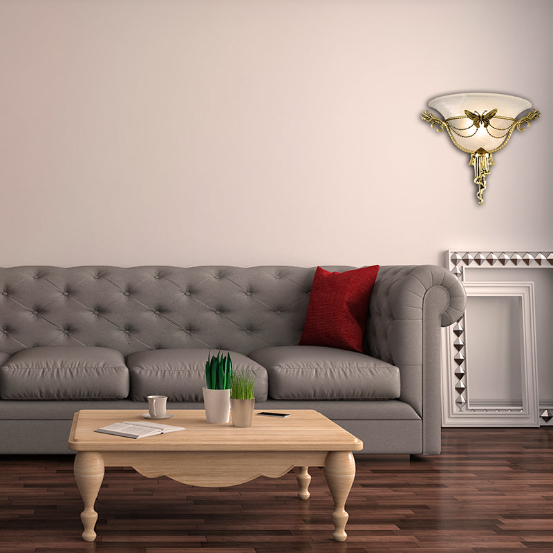 Trompete Flare Leuchten Licht Kolonisation Milchglas 1 Lampenwandlampe mit Messingmetall -Schmetterlings Deco