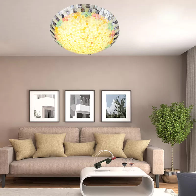 Beige/Blue Bowl Ceiling Light Fixture Vintage Mosaic Glass 1 Bulb 12"/16"/19.5" W Flush Mount Ceiling Light for Dining Room