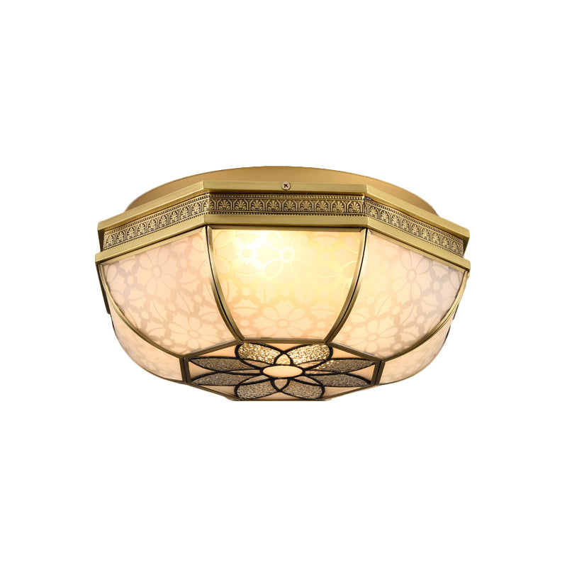 Colonialist Beveled Ceiling Mounted Light 4 Bulbs Opaque Glass Flush Mount Light Fixture in Brass for Bedroom