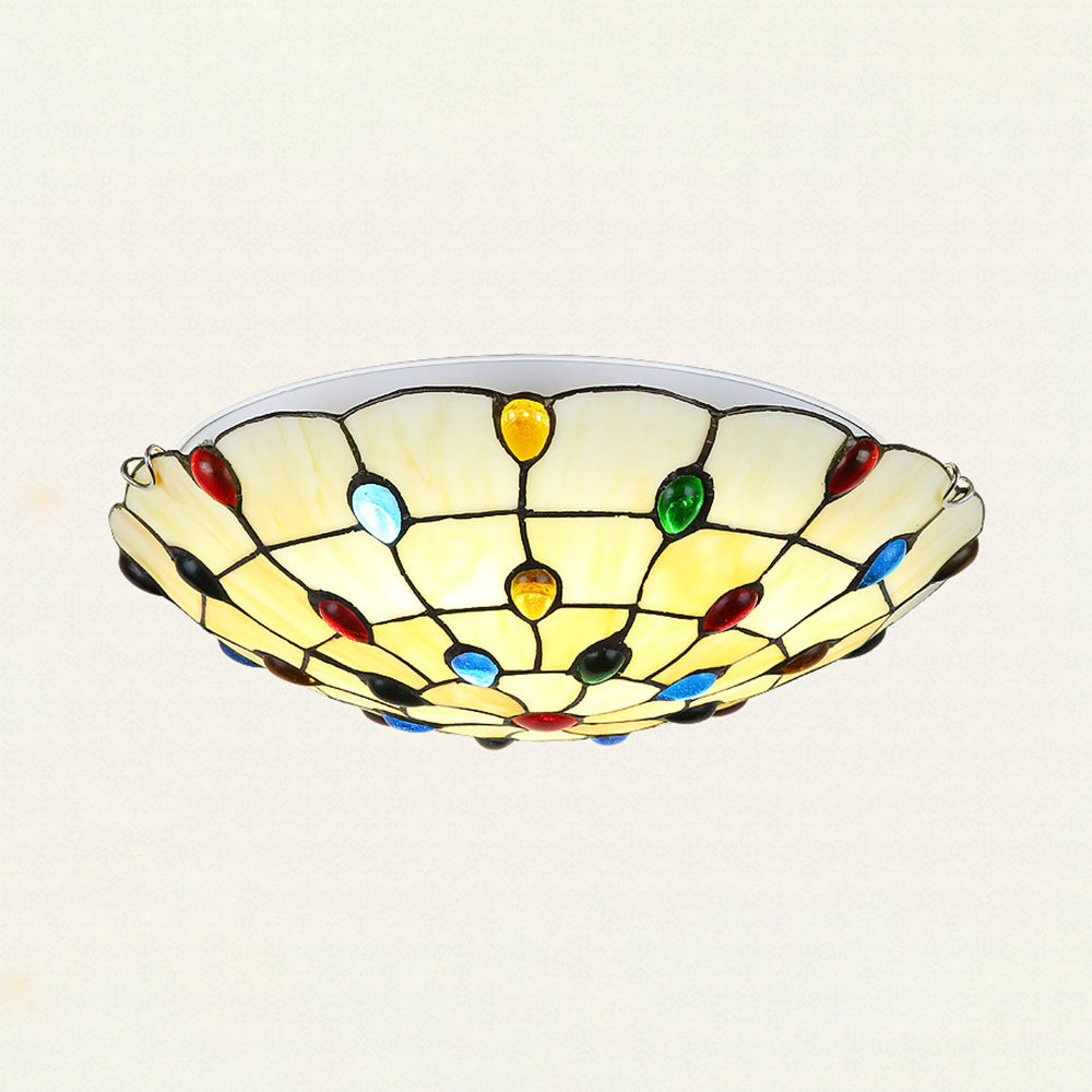 Beige Bowl Flushmount Ceiling Light 12"/16"/19.5" Width Vintage Stained Glass Flush Mount Ceiling Light for Living Room