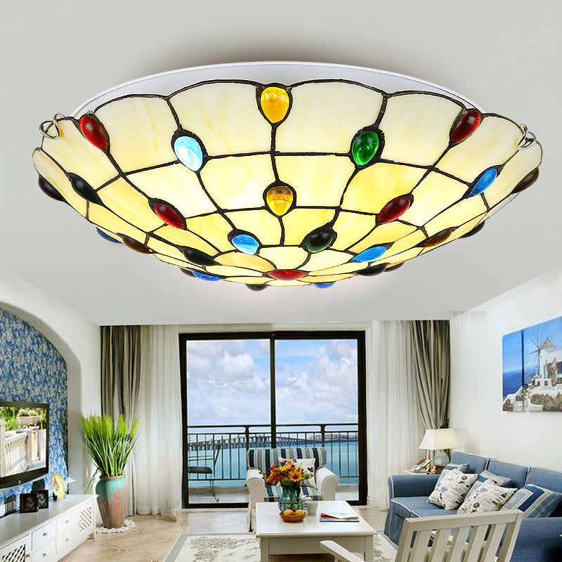 Beige Bowl Flushmount Ceiling Light 12"/16"/19.5" Width Vintage Stained Glass Flush Mount Ceiling Light for Living Room