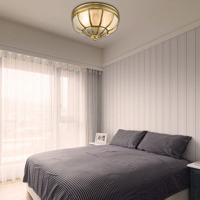 12"/16" W Dome Bedroom Flush Mount Light Colonial Opal Frosted Glass 2/3 Bulbs Brass Close to Ceiling Lamp
