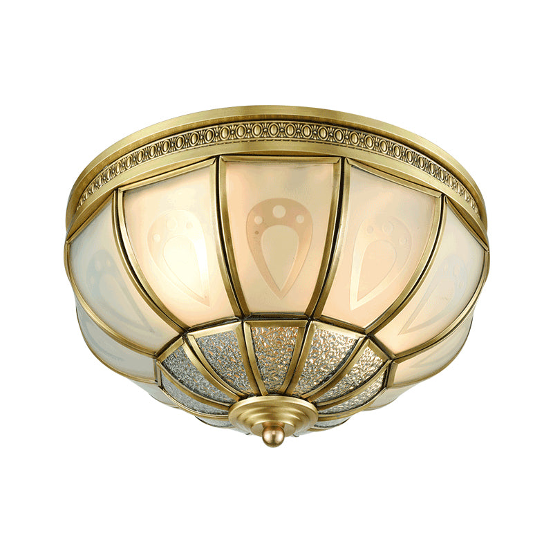 12"/16" W Dome Bedroom Flush Mount Light Colonial Opal Frosted Glass 2/3 Bulbs Brass Close to Ceiling Lamp