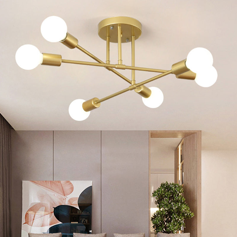 27.5" Wide Crossed Ironwork Ceiling Pendant Light Industrial Style 6-Lights Bare Bulb Semi Flush Mount Lamp for Dining Room