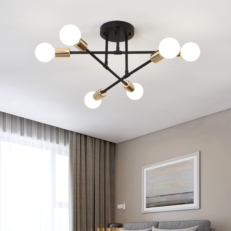 27.5" Wide Crossed Ironwork Ceiling Pendant Light Industrial Style 6-Lights Bare Bulb Semi Flush Mount Lamp for Dining Room